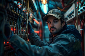 Fototapeta premium Man in a cap operating machinery in a factory
