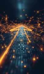 Obraz premium Arrow pointing forward on digital tech background, Abstract boosting conception of high-speed Internet connection. Light low poly wireframe vector illustration on technology blue background