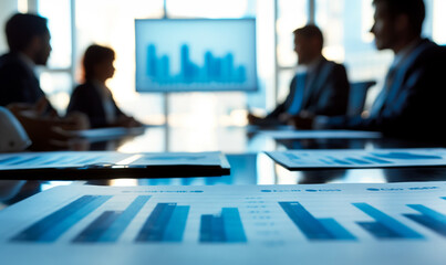 Defocused Business meeting, brainstorming sessions discuss analysis of investment growth graph and market charts in financial reports and business investment strategy planning background