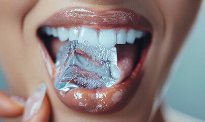 Close-up shot of sexy woman's lips with ice cube in mouth