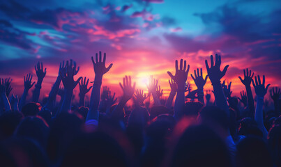 People celebrating at festival  party on an summer open air. Silhouettes of raised hands with sunset sky - Powered by Adobe