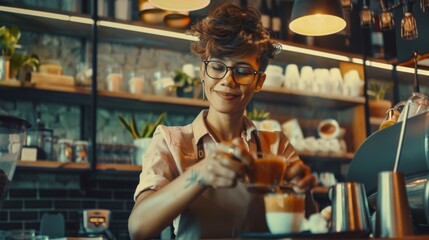 A hot cup of tasty cappuccino is being poured by a beautiful Latin American female barista with short hair and glasses. Capture of a cheerful employee standing behind a cozy loft-style counter in a