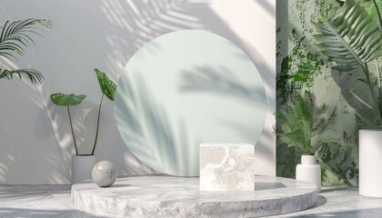 A minimalist summer fashion podium in an abstract luxury setting with plant decorations, creating a subtle backdrop for beauty products with stone textures and green shadows