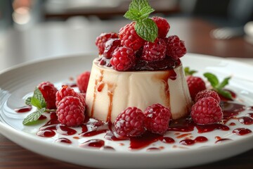 Panna Cotta: A small dish of panna cotta with a smooth, creamy texture, topped with a berry compote or caramel sauce.