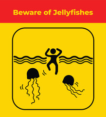 Beware of jellyfishes icon sign illustration isolated on vertical red and yellow background. Simple flat drawing for poster prints and web icons.