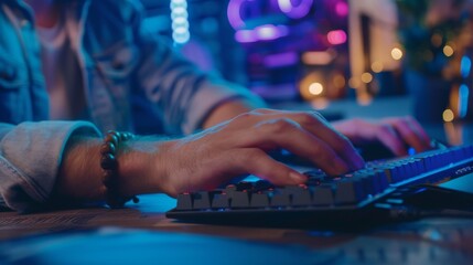Male hands close up on a desktop computer in a busy creative office environment. Manager types on a keyboard then uses a mouse. He is wearing a bracelet made of wood.
