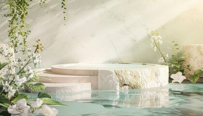 A podium scene featuring water and marble elements in a summer setting, ideal for showcasing beauty products with a nature-inspired backdrop