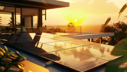 Fototapeta premium A solar panel setup on a rooftop, representing eco-friendly energy solutions in a home setting, capturing the essence of green technology at sunset
