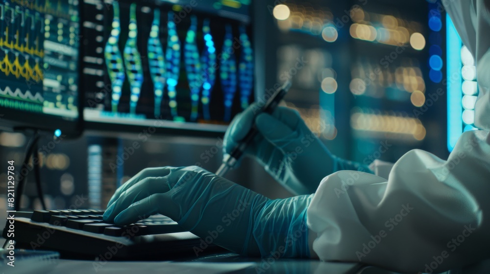 Poster the scientist wears surgical gloves while typing on the keyboard and using a computer. this is a pic