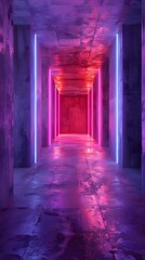 Obraz premium A dimly lit hallway with neon lights stretching into the distance