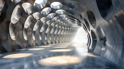 An illuminated tunnel leading with light streaming through it