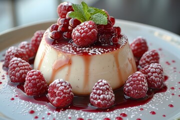 Panna Cotta: A small dish of panna cotta with a smooth, creamy texture, topped with a berry compote or caramel sauce.