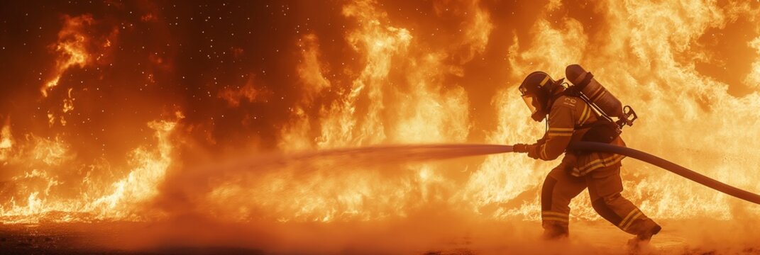 Two firefighters are actively dousing a large fire with water, surrounded by intense flames and smoke
