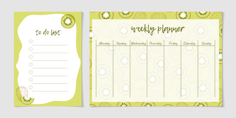 Cute weekly schedule and to do list with kiwi. Template for notes planners, checklists journal and other stationery. Kids journal page design with fruits. Stylish sweet weekly planner