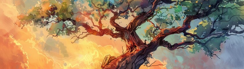 Capture the towering majesty of nature with a worms-eye view sketch of an ancient oak tree