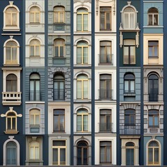 Fototapeta premium Colorful vintage apartment building facade featuring diverse window architectural styles, offering a variety of textures and designs.