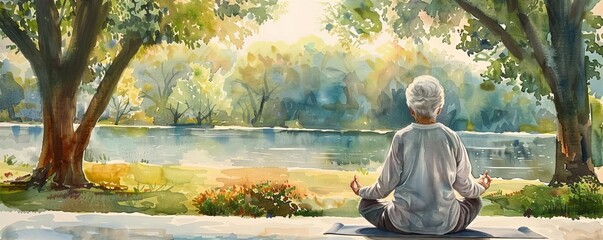 An elderly person practicing yoga in a peaceful park, serene, pastel tones, watercolor, symbolizing health and tranquility