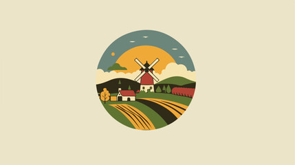 Colored logotype with countryside landscape farm build