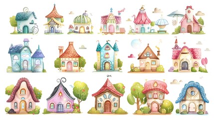 Naklejka premium Colorful Collection of Whimsical Fairytale Cottages and Candy Colored Enchanted Homes in Dreamy Fantasy Landscape
