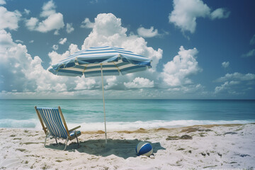 Obraz premium Parasol with sun lounger and ball on the beach. Summer concept. Generative AI