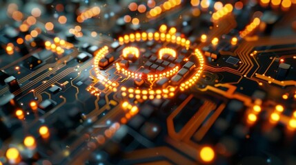 Illustration of a happiness icon with life text on an electronic mainboard background with AI symbol, symbolizing AI in enhancing happiness