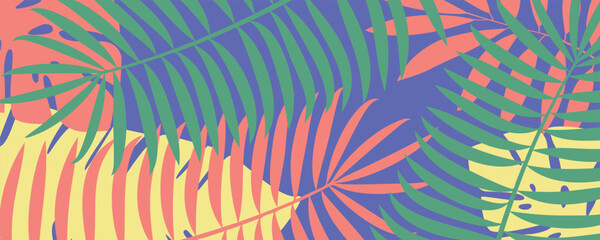 Green background with tropical plant leaves and texture. Bright tropical background with jungle plants. Exotic pattern with palm leaves. Vector illustration