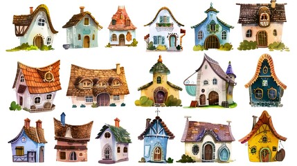 Charming Collection of Watercolor Storybook Cottages and Fairytale Dwellings in Quaint Historic European Alpine Village