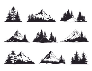 Obraz premium Silhouette mountains and hills are set with fir trees forest. Logotype ice mountain art, pine tree art for logo, t-shirt, coloring page vector.