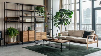 a wooden bookcase in the living room, featuring a harmonious blend of white and green accents, set beside a cozy sofa, boasting a simple yet elegant square design with visible details.