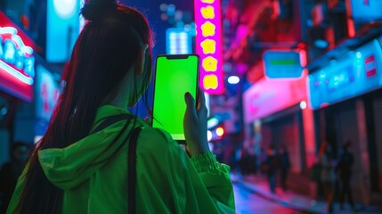 Fototapeta premium In the Night City Street Full of Neon Lights, a beautiful woman carries a chroma key smartphone while walking through the streets. Female reaches over the shoulder and places her hand on the screen
