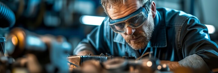 An image of a skilled craftsman deeply focused on operating complex machinery in a workshop