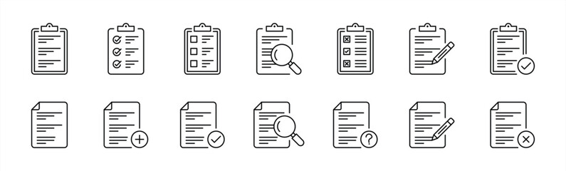 set of paper document and clipboard icon thin line style. quality control, checklist, clipboard document page with check mark, magnifier, pencil icon. vector illustration