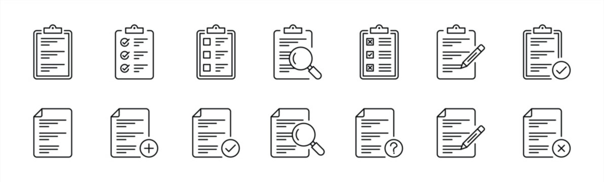 set of paper document and clipboard icon thin line style. quality control, checklist, clipboard document page with check mark, magnifier, pencil icon. vector illustration