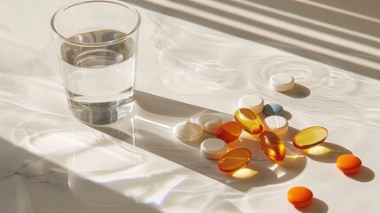 Daily Health Supplements: Neatly Arranged Variety of Vitamin Tablets, Capsules, and Pills with Glass of Water on White Surface