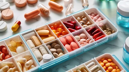 Maintaining a Healthy Routine - Open Pill Organizer with Vibrant Vitamins and Supplements for Daily Medication Regimen