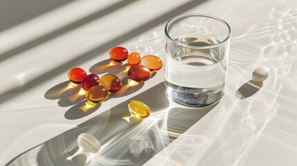 Daily Health Supplements - Neatly Arranged Variety of Vitamin Tablets, Pills, and Capsules with Glass of Water on White Surface