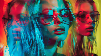Obraz premium Portrait of a woman with multiple colorful overlapping exposures. 