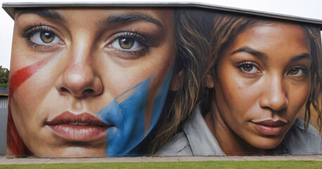 Two women's faces painted on a wall, one with blue and red paint on her face. The other woman has a...
