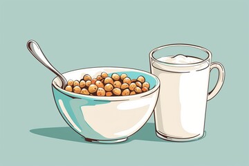Illustration of a bowl of cereal with a glass of milk