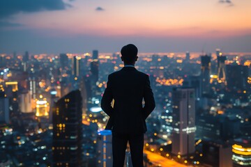 Fototapeta premium Silhouette of a businessman standing on a rooftop overlooking a city skyline at dusk with vibrant city lights glowing in the distance.