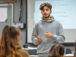 Student Giving Presentation at Whiteboard with Projector Screen

