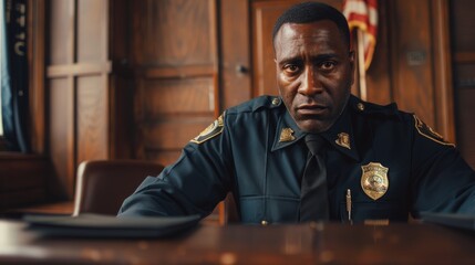 An African American officer provides evidence at the Courthouse in front of the Judge and Jury. Illustration of a Black Policeman Witness Giving Testimony on Trial Stand in the Courtroom. Providing