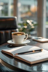 A cup of coffee next to notebook on desk