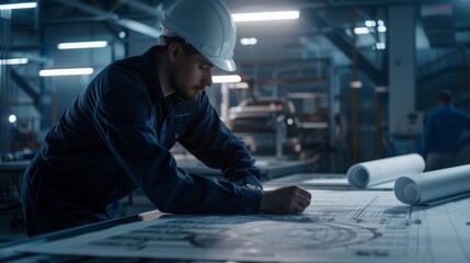 Fototapeta premium Working on Vehicle Parts at a Technological Development Facility with an engineer in uniform and hard hat. Industrial Specialist working on Vehicle Parts at a Car Assembly Plant.
