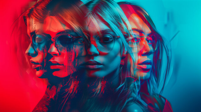 Portrait of a woman with multiple colorful overlapping exposures. Borderline Personality Disorder.