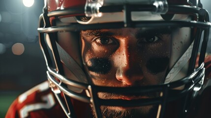 Fototapeta premium Professional football player seated while wearing helmet, turning around and looking into camera in a dramatic manner. Athlete determined to win championship game.