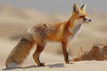 Fototapeta premium A lone desert fox navigating dune crests, side view, illustrating survival and adaptation, scifi tone, Splitcomplementary color scheme