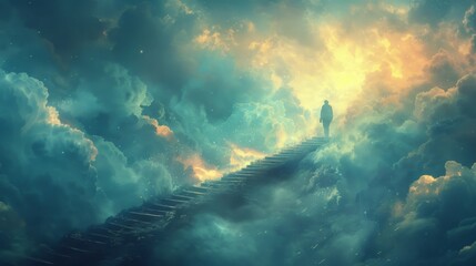 Fototapeta premium Surreal Scene of Person Climbing Floating Staircase in Clouds