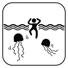 Beware of jellyfishes icon sign shadow silhouette illustration isolated on square white background. Simple flat drawing for poster prints and web icons.