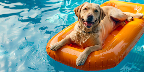 Happy Labrador Retriever lying on an orange inflatable ring in the pool, banner with space for text